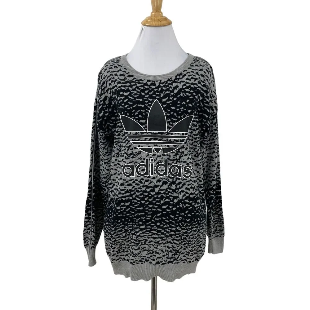 Adidas Sweater Womens XS Gray Black Helsinki Ice Print Cotton Knit Drop Shoulder